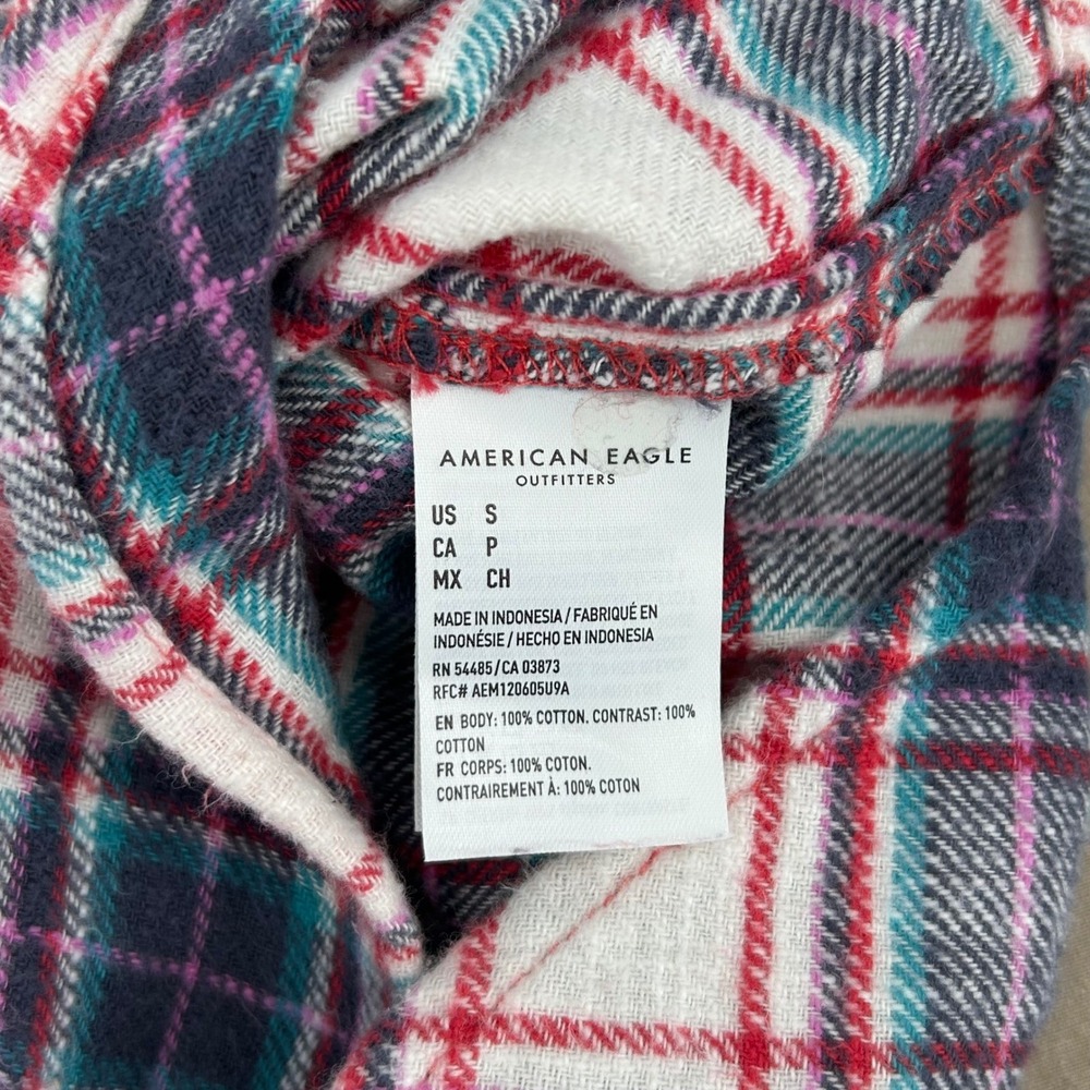 American Eagle Flannel Shirt Womens Small Red White Mixed Plaid Relaxed Grunge - Picture 6 of 10
